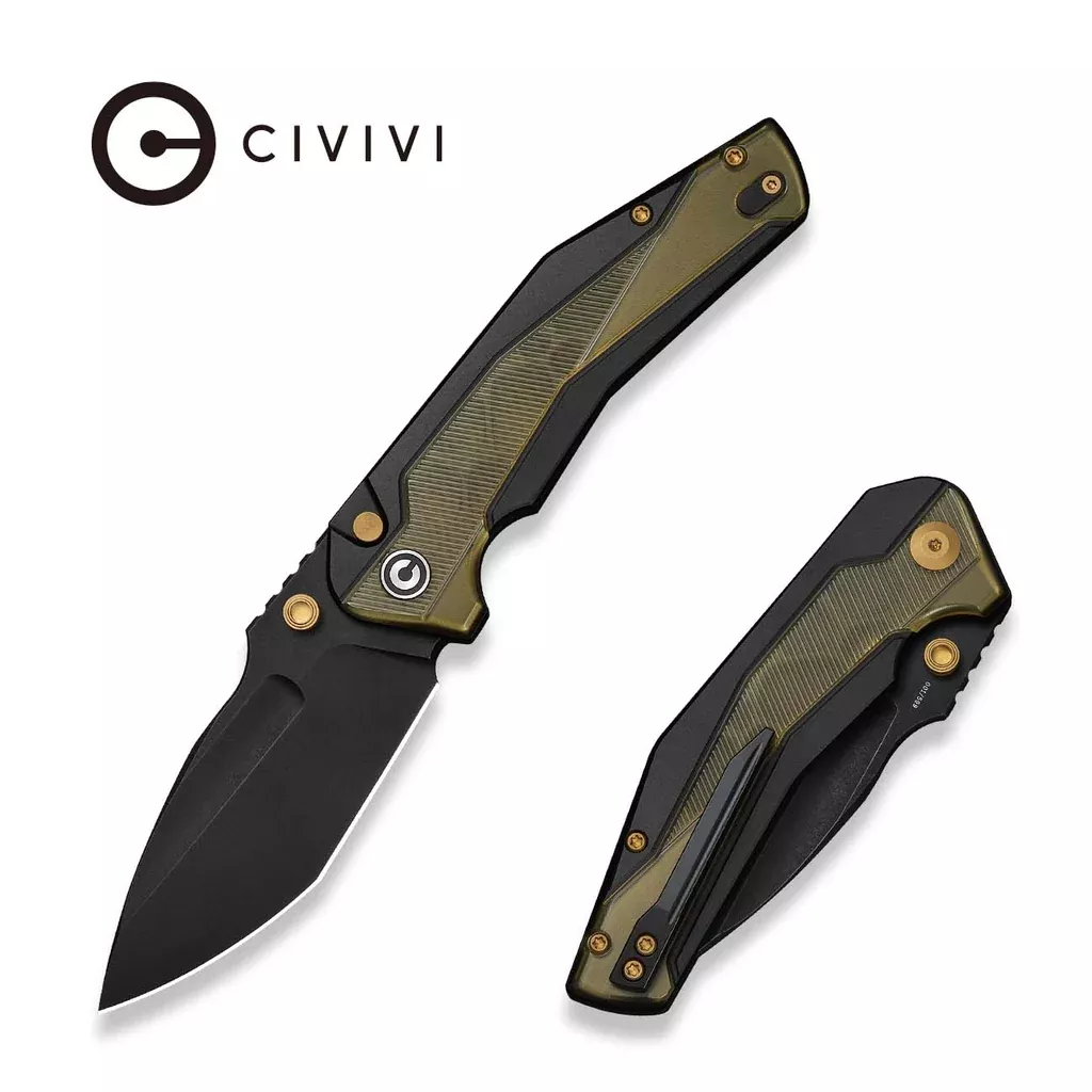 CIVIVI Wellmax Thumb Stud & Button Lock Knife Black Aluminum Handle With Polished Yellow Ultem Inlay (3.6″ Black Stonewashed 14C28N Blade) C24008C-2