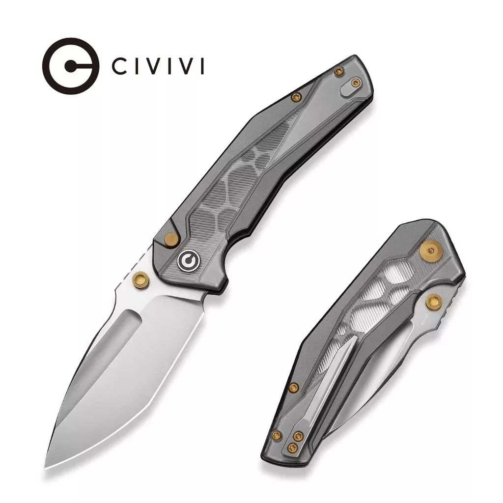 CIVIVI Wellmax Thumb Stud & Button Lock Knife Gray Aluminum Handle With Polished Clear Lexan Inlay (3.6″ Satin Finished 14C28N Blade) C24008C-1