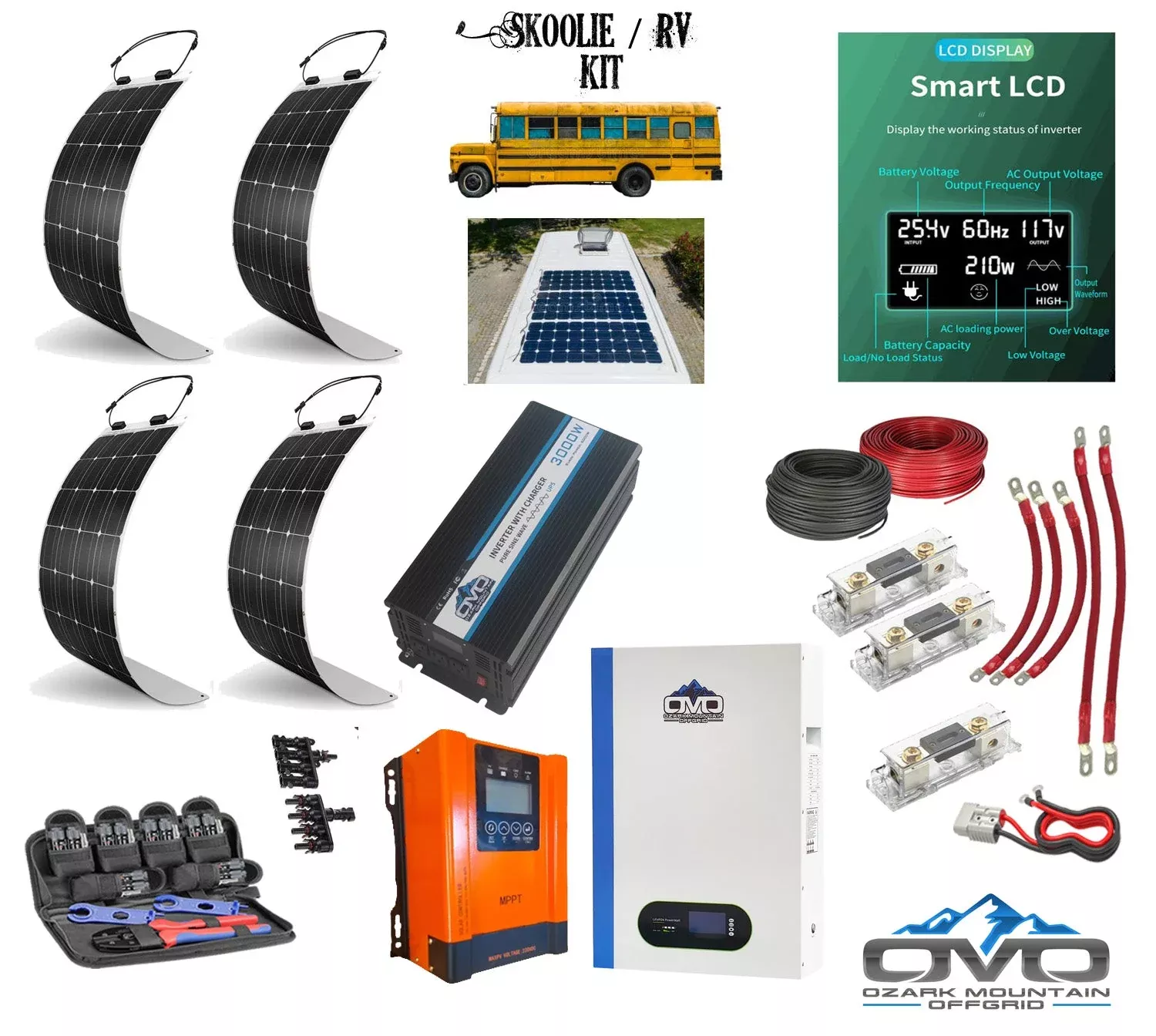 Complete Skoolie Solar System Kit / 4x 130W Flexible Solar Panels / 60A MPPT Charge Controller / 3000 Watt Inverter / OMO 5.12KW Patriot Lithium 48V Battery