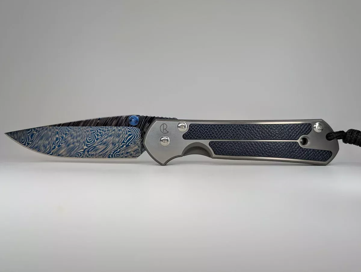 *Consignment* Chris Reeve Large Sebenza Classic 2000 Blue Calfskin Inlay w/ Blued Damascus Firestorm Framelock Folding Knife
