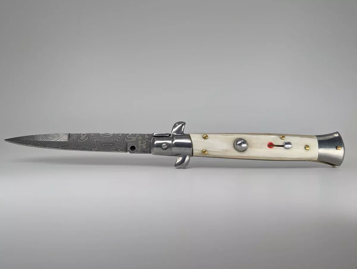 *Consignment* Frank Beltrame Italian Stiletto Damascus Blade / Cow Horn Handle Auto Folding Knife