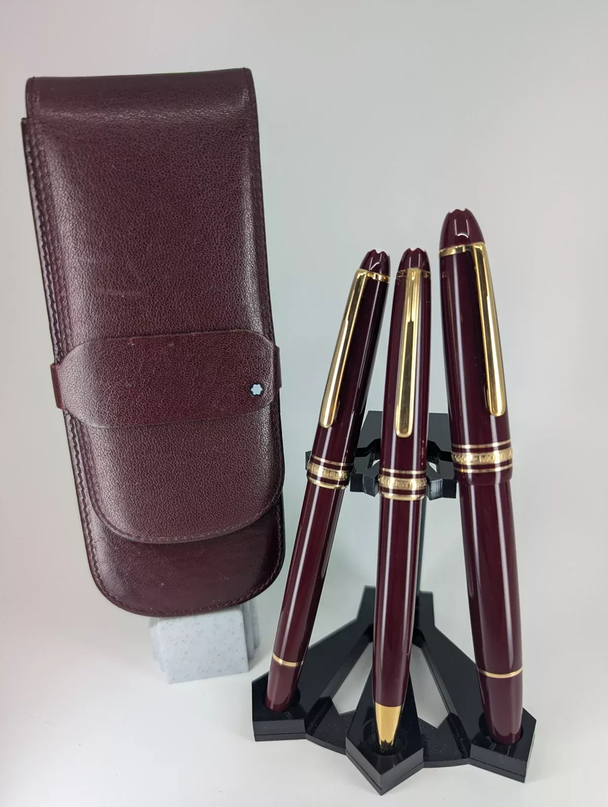 *Consignment* Montblanc Burgundy Set Ballpoint / Fineliner / Document Marker w/ Burgundy Leather Case