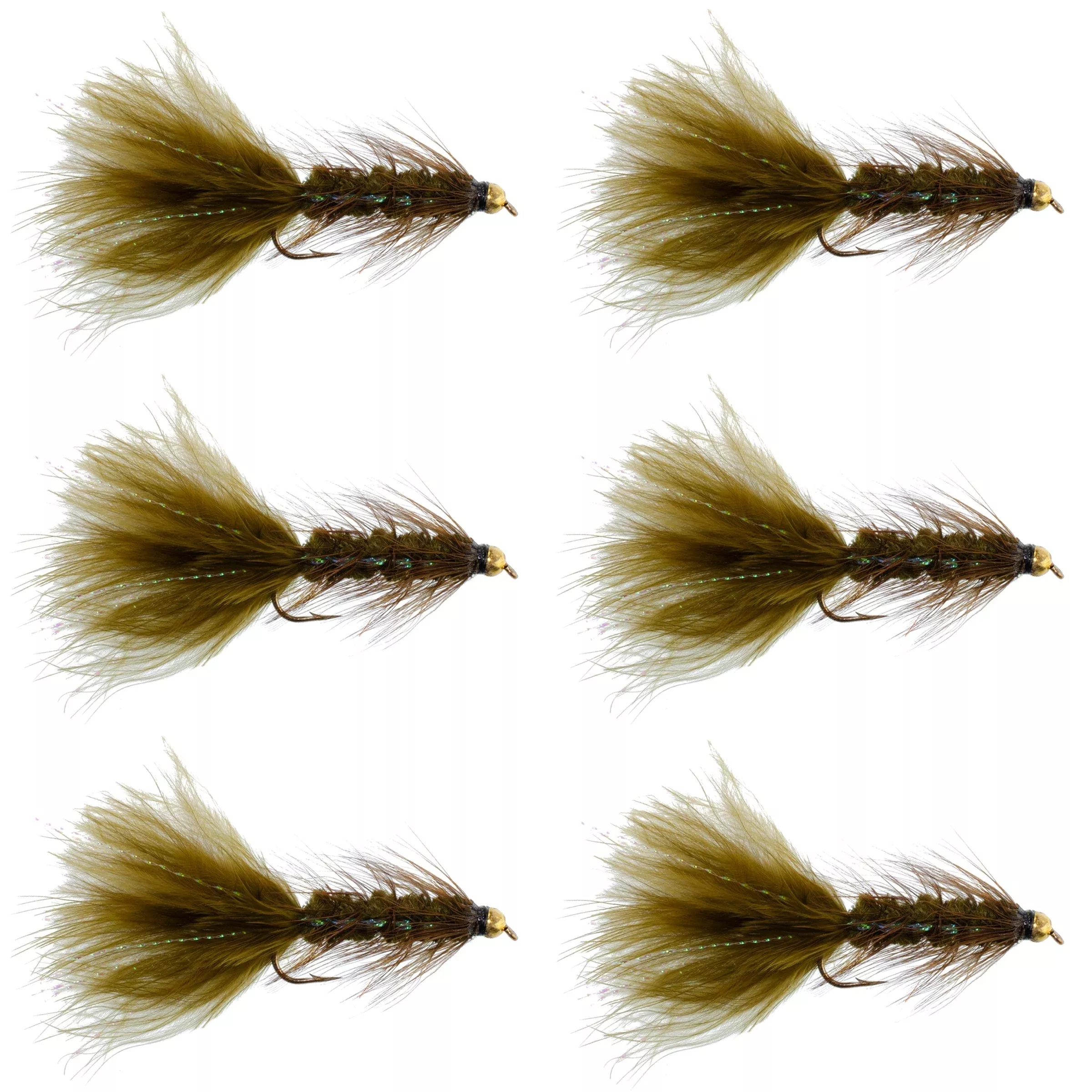 Dark Olive Bead Head Crystal Woolly Bugger Classic Streamer Flies – Set of 6 Trout Fly Fishing Flies – Hook Size 4