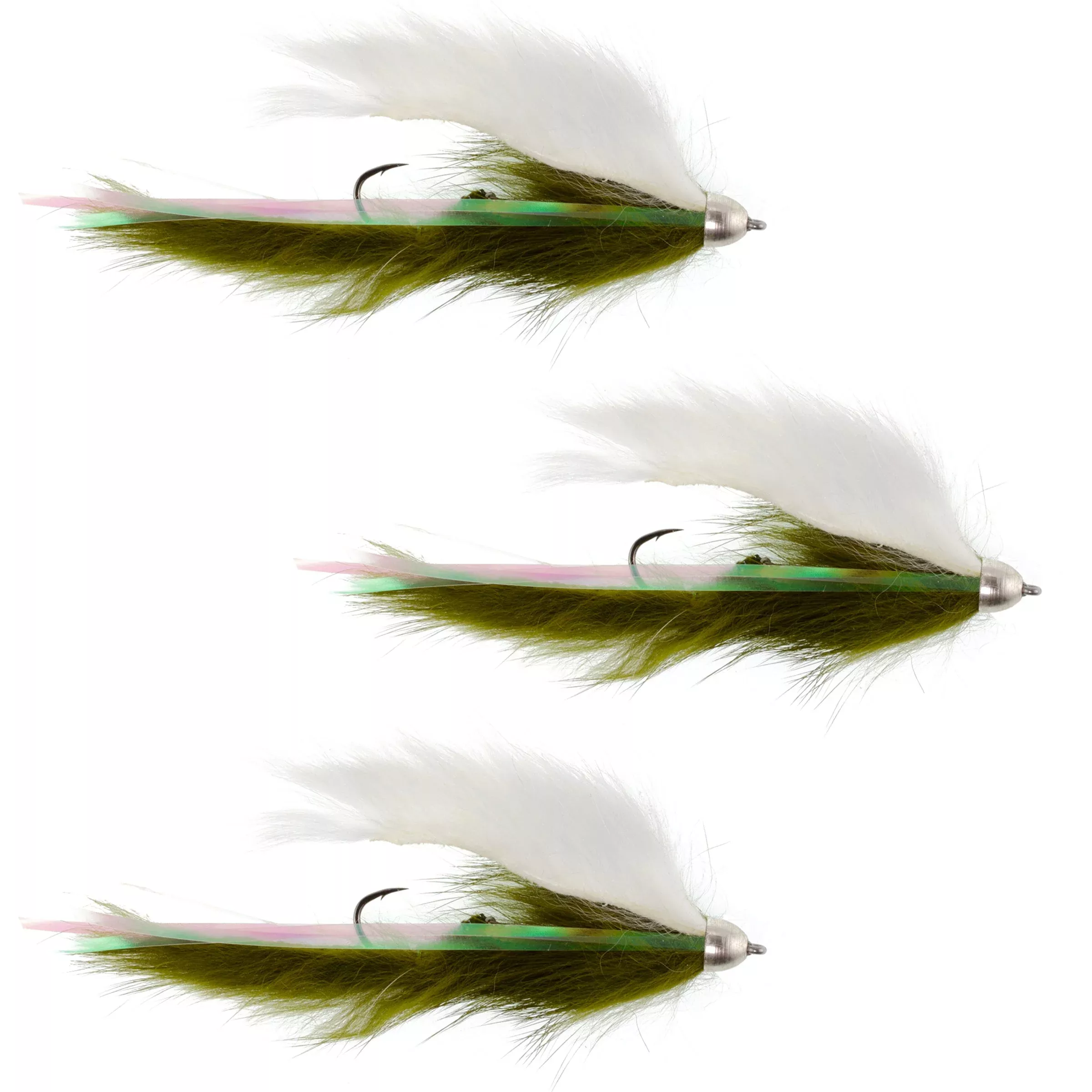 Dolly Llama Stinger Streamer Flies – 3 Olive and White Steelhead Trout Alaska Fly Fishing Flies – Hook Size 4