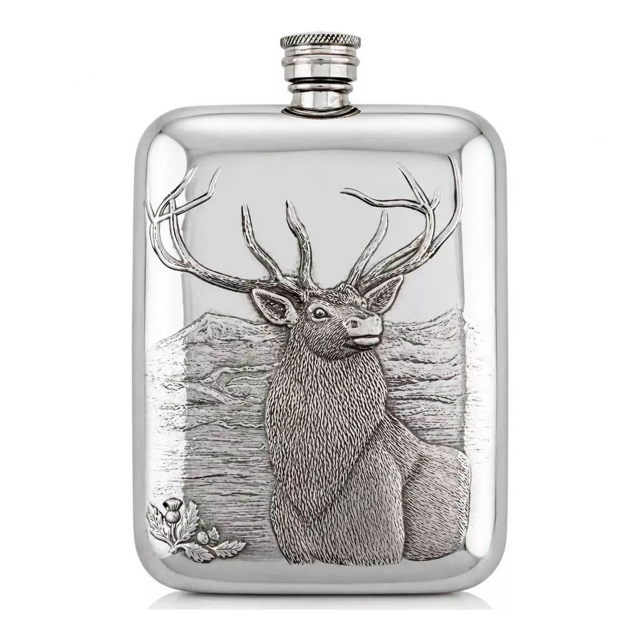 English Pewter Flask w/ Stag Scene