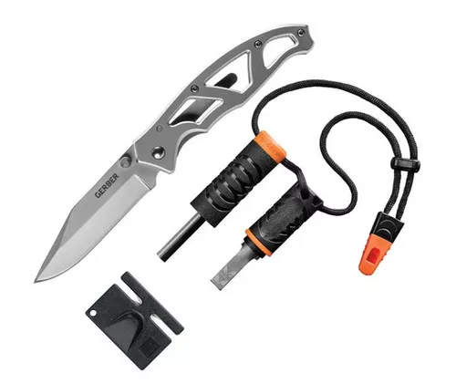 Gerber Paraframe Knife + Sharpener + Fire Starter + Whistle