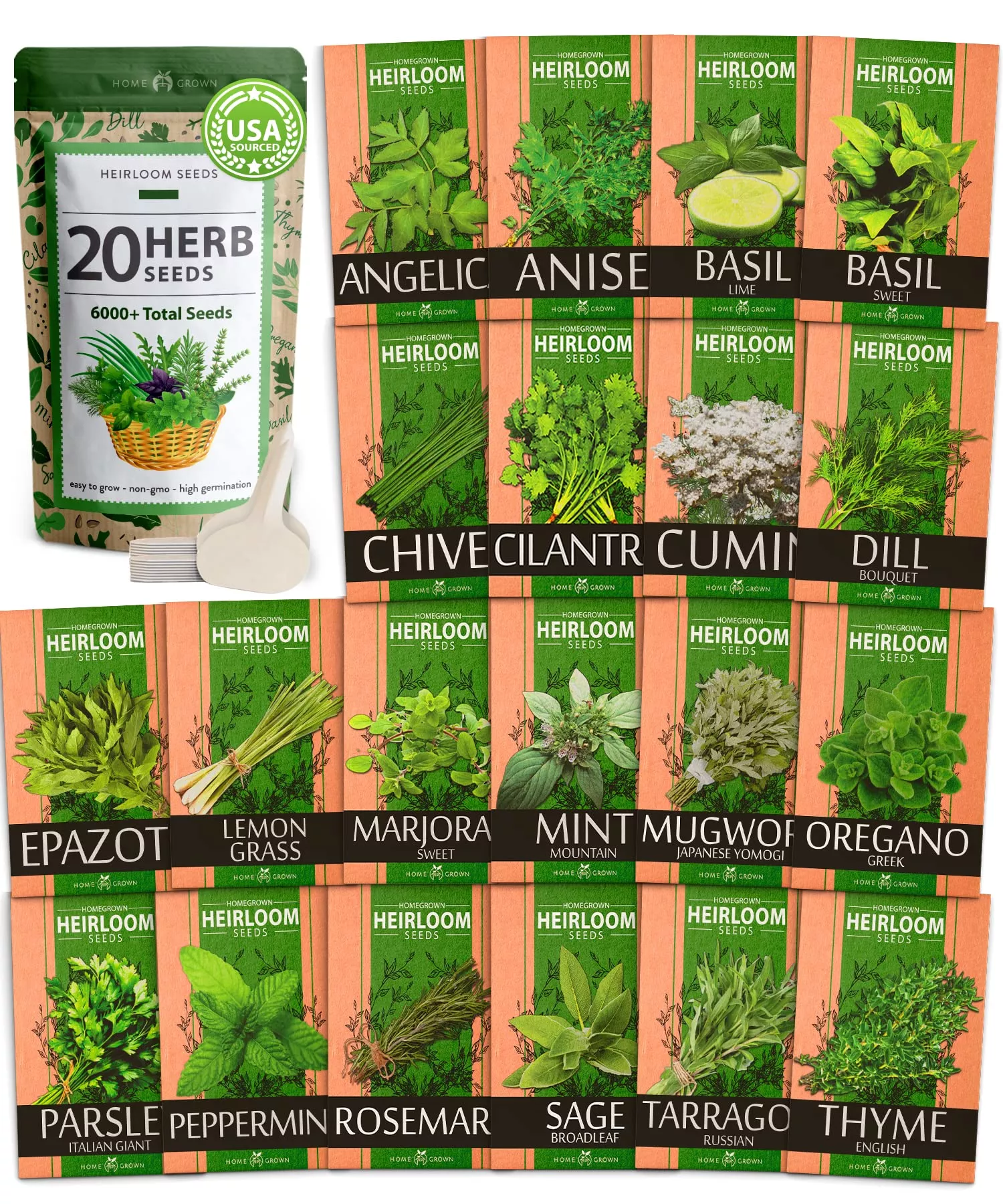 Home Grown Brand Heirloom Herb Seeds 20 Variety Pack