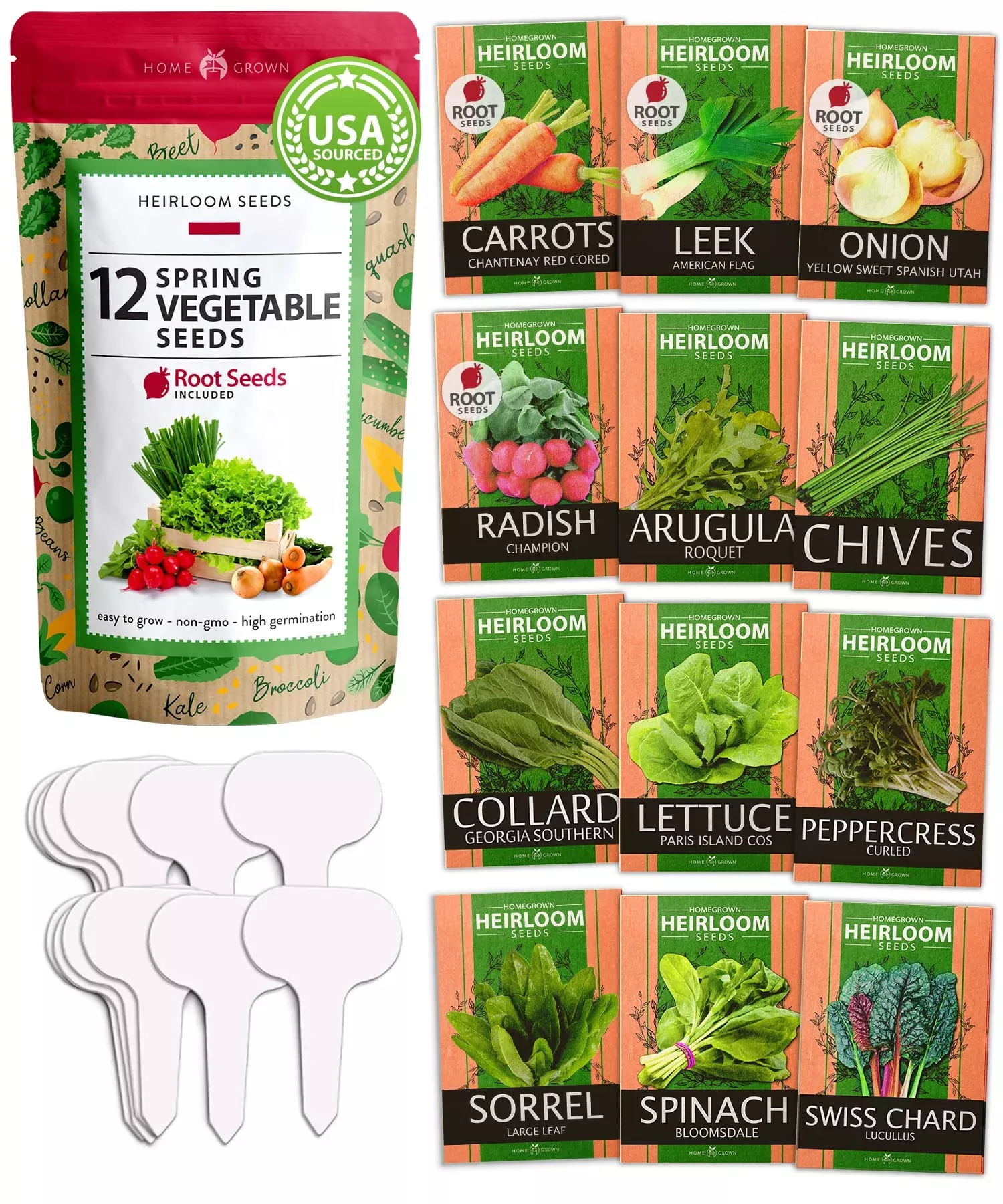 Home Grown Brand, Heirloom Seeds, Spring Vegetables 12 Variety Pack