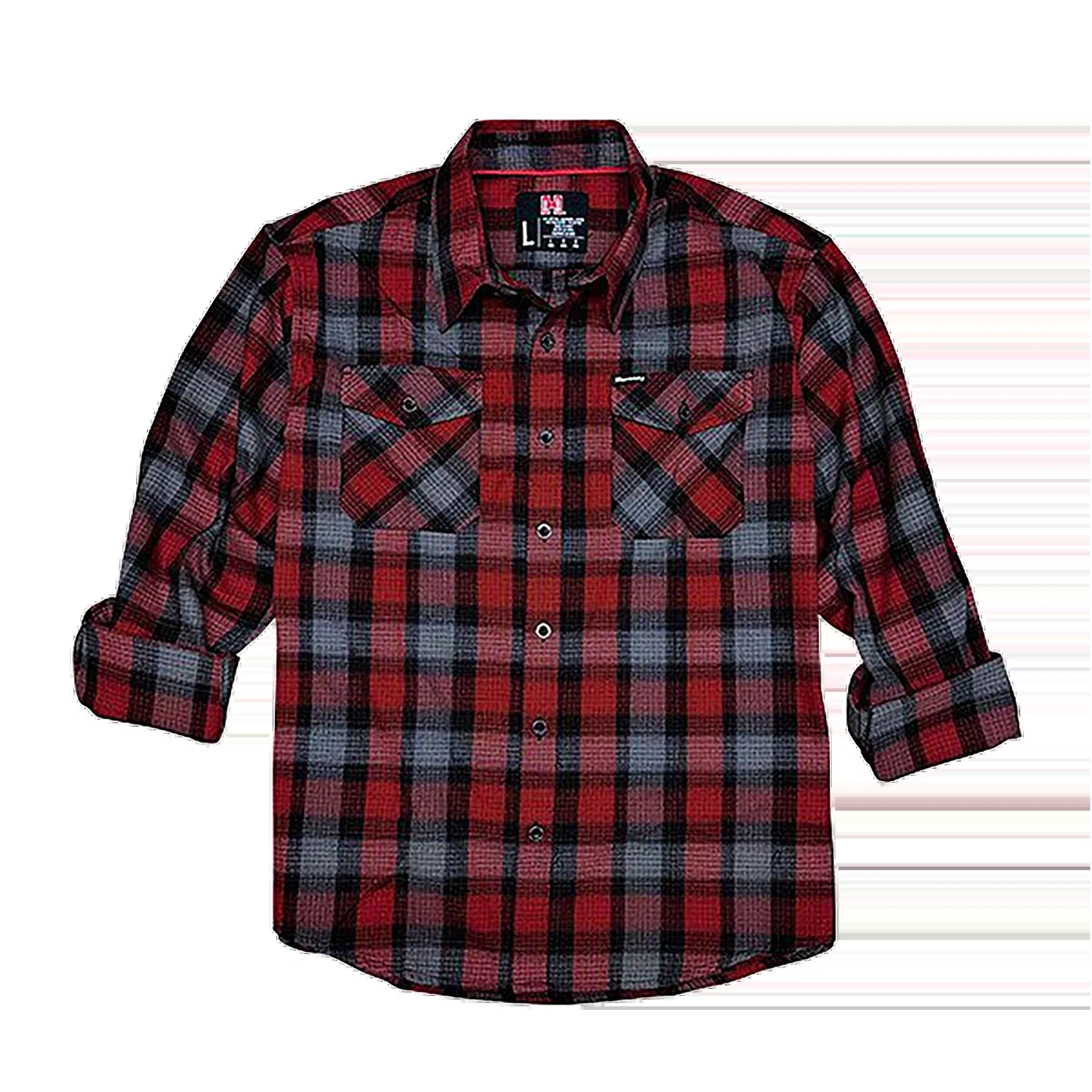 HORIZON DESIGN Flannel Shirt, Relaxed Fit Cotton-Polyester Button-Up in Red/Black/Gray Plaid – 32194