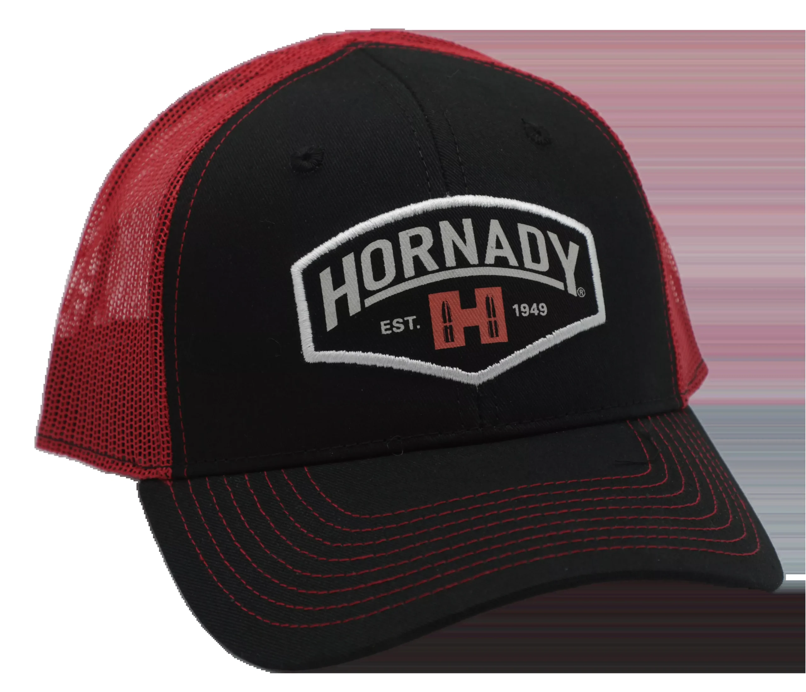 Hornady Established Mesh Trucker Cap, Black/Red, Structured Adjustable Snapback – 99214