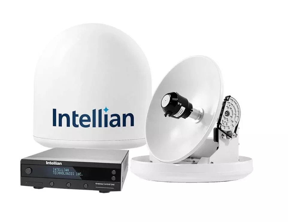 Intellian i2 13″ TV Antenna System w/ Control Unit and 49′ RG6 – White• B4-209SS