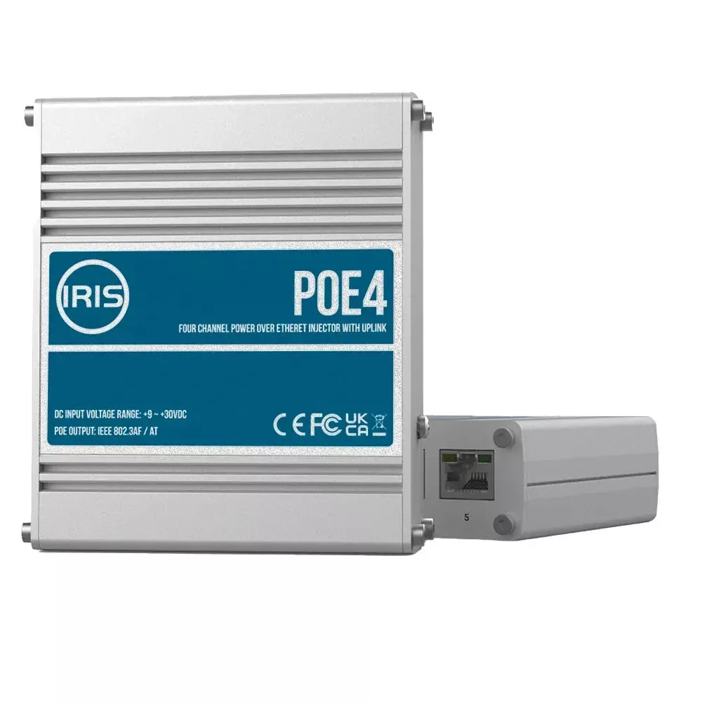 Iris Four Channel Uplink Power Over Ethernet Switch – IEEE802.3af3at Compliant – 9-30VDC Input – 48VDC Output