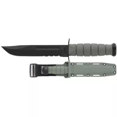 KA-BAR 5012 Full Size KA-BAR Serrated Edge Fixed Knife 11.75" Clip Point 1095 Cro-Van Blade, Foliage Green Kraton G Handle