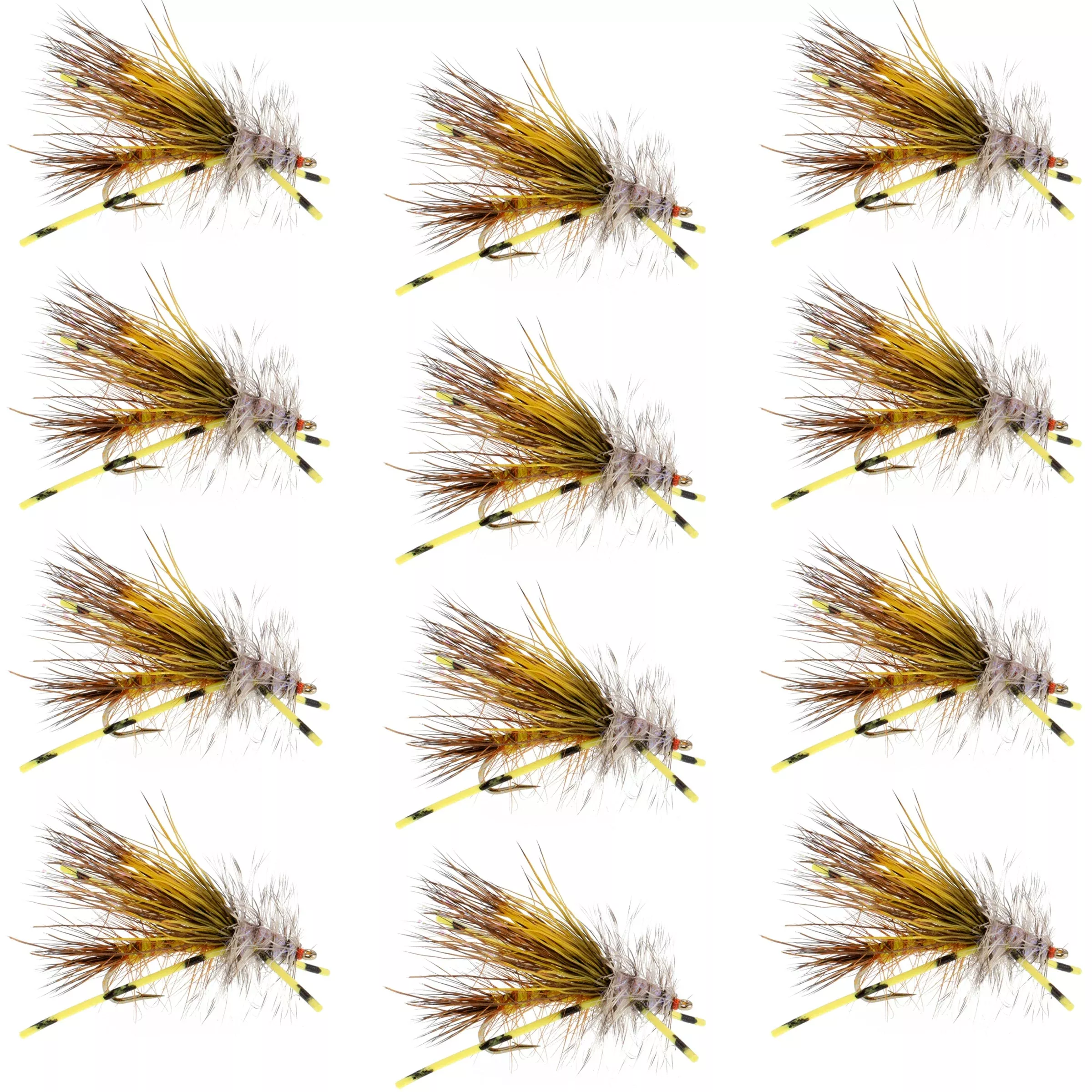 Kaufmann’s Yellow Crystal Stimulator Rubber Legs Dry Fly – 1 Dozen Flies Hook Size 10