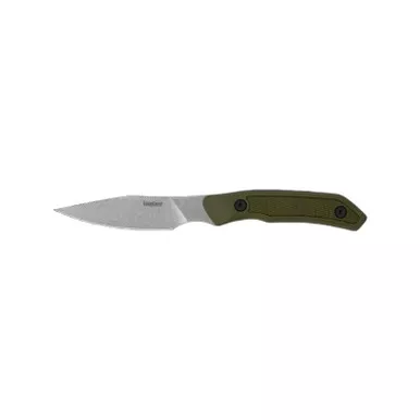 Kershaw 1882 Deschutes Caper Fixed Knife 3.3" D2 Clip Point Plain Edge Blade, Olive Rubber Overlay Handle