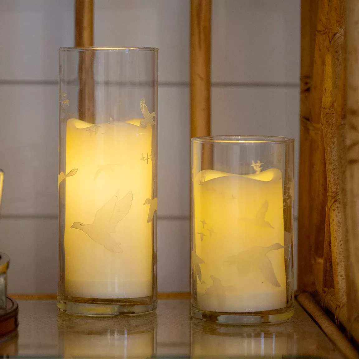 Kevin's Flighted Gamebird Etched Glass Candle Holder & Hurricane