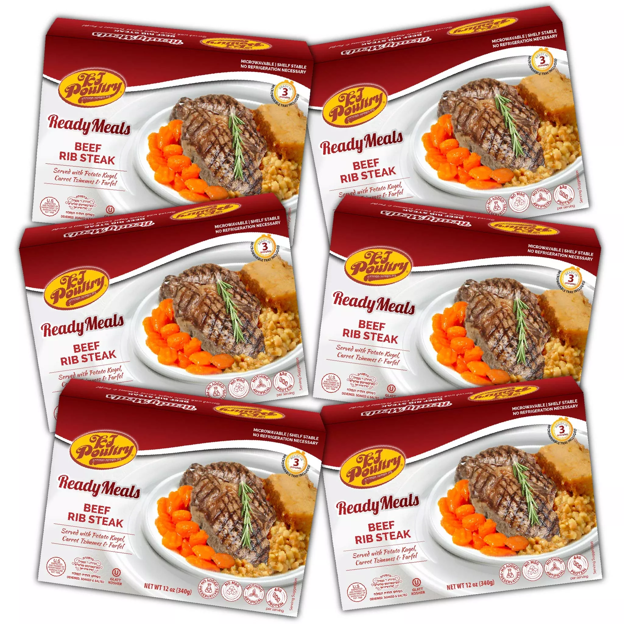 KJ Poultry Kosher MRE Meat Meals Ready to Eat, Beef Rib Steak and Kugel - 6 Pack