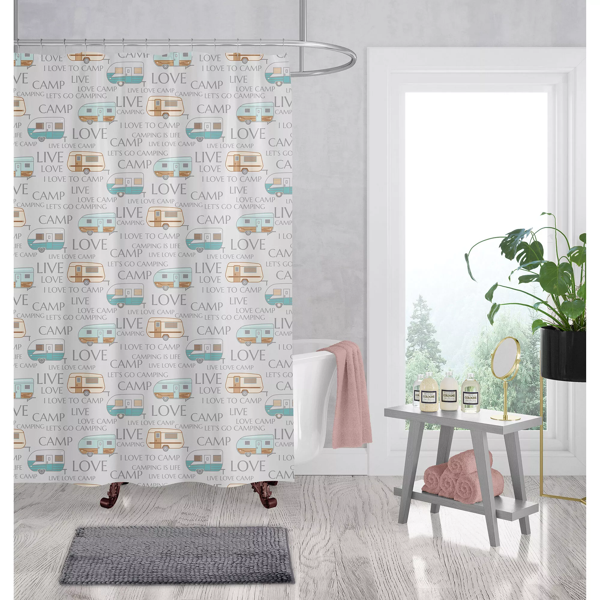 “Live, Love, Camp” Shower Curtain and Bath Rug Set