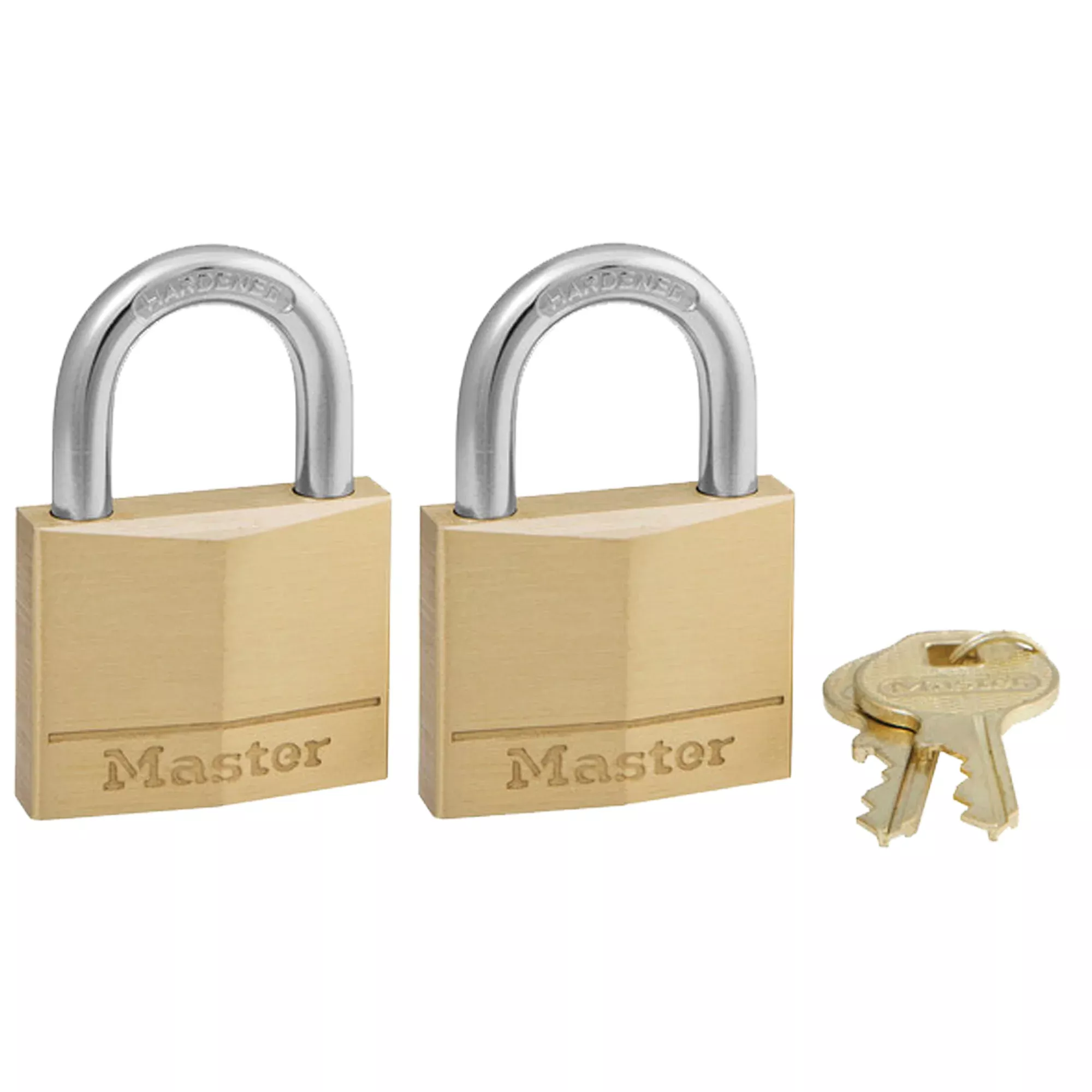 Master Lock Solid Brass Padlocks, 2-Pack Keyed Alike, 1-9/16 in Body, Hardened Steel Shackle, 140T