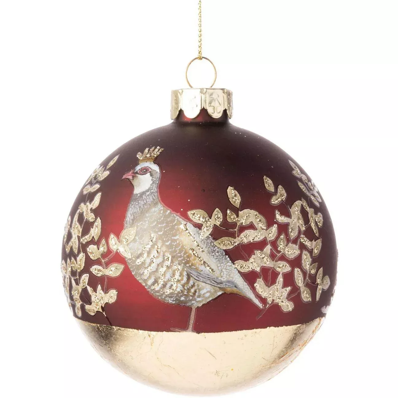 Matte Painted Glass Ball with Partridge and Glittered Gold Leaf Ornament
