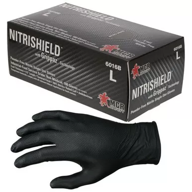 MCR Safety 6016B NitriShield™w/ Grippaz™ Technology 9.5" 6 mil Black Disposable Powder-Free Industrial Food Service Grade Nitrile Gloves