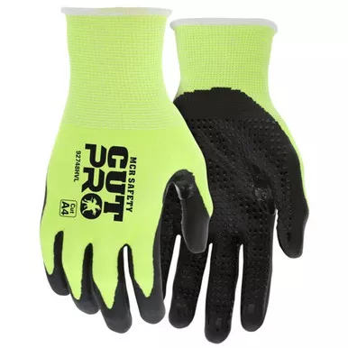 MCR Safety 92748HV Cut Pro 18 Gauge HyperMax™ Hi-Vis Shell, Black Nitrile Micro Dotted Palm & Fingertips, Cut Resistant Work Gloves w/ Reinforced Thumb Crotch