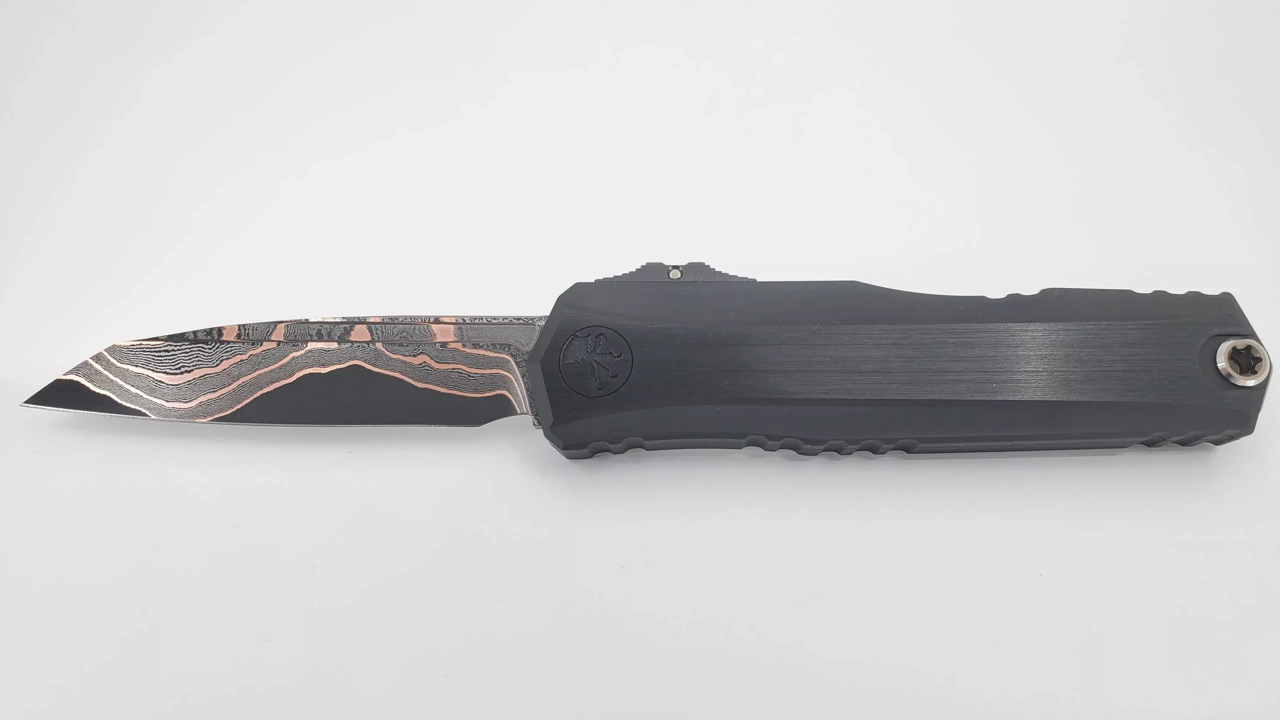 Microtech Cypher II Marfione Select Baker Forge Coppermai Damascus Wharncliffe Out the Front Knife