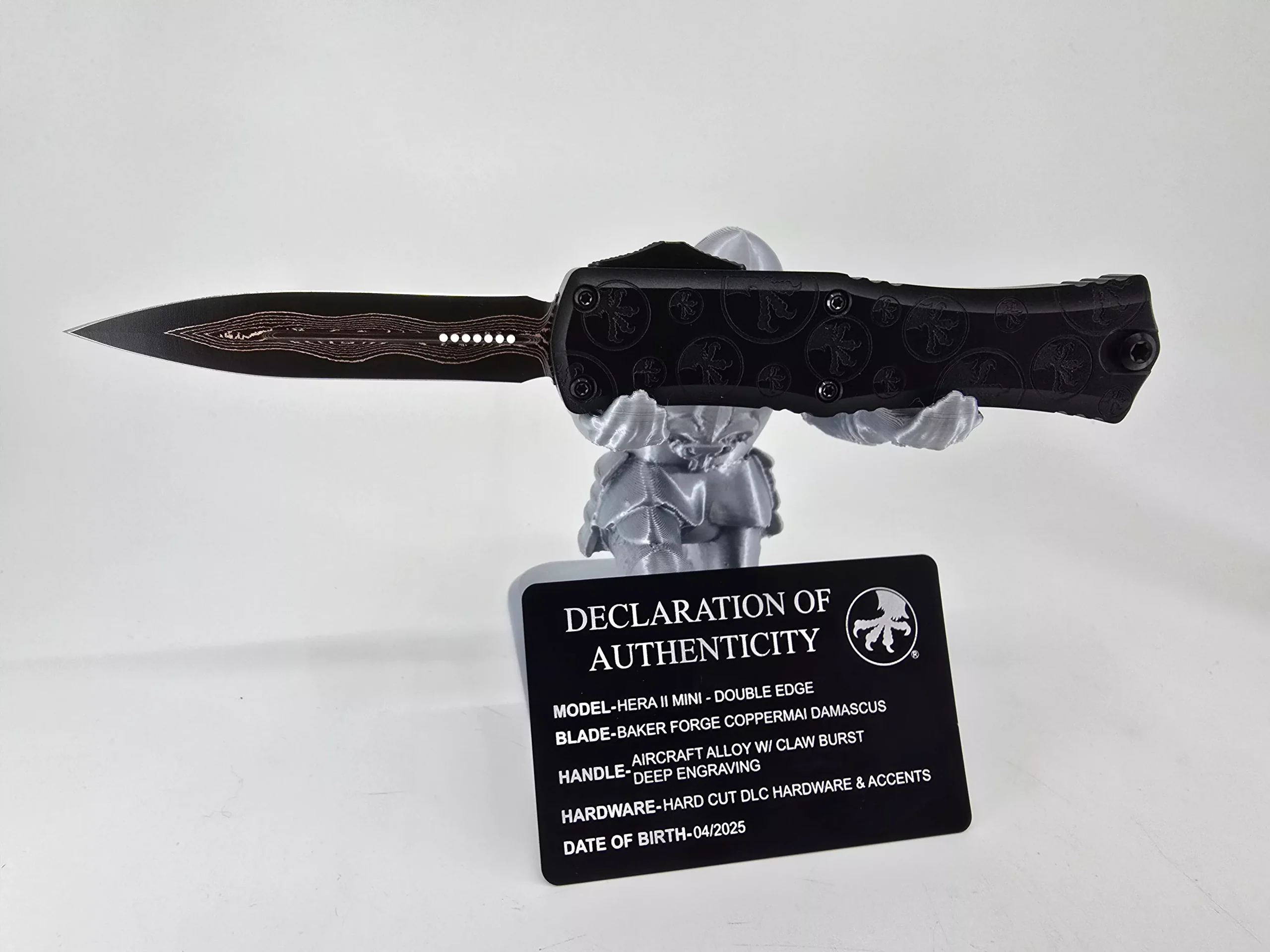 Microtech Hera II Mini D/E Marfione Select Baker Forge Coppermai Damascus Blade with handle Claw Burst Deep Engraving, Hand cut DLC Hardware