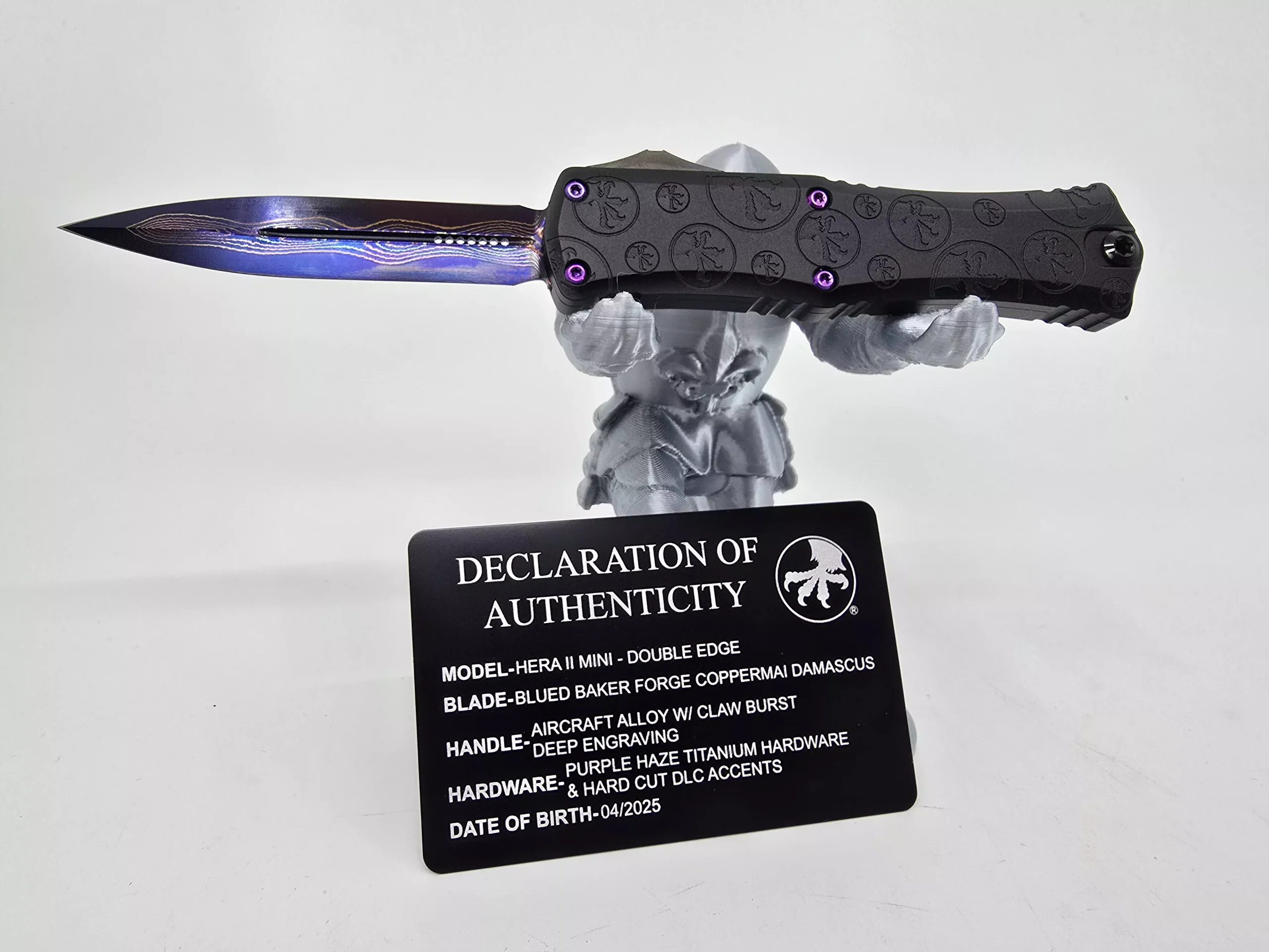Microtech Hera II Mini D/E Marfione Select Blued Baker Forge Coppermai Damascus Blade with handle Claw Burst Deep Engraving, Blue Titanium Hardware