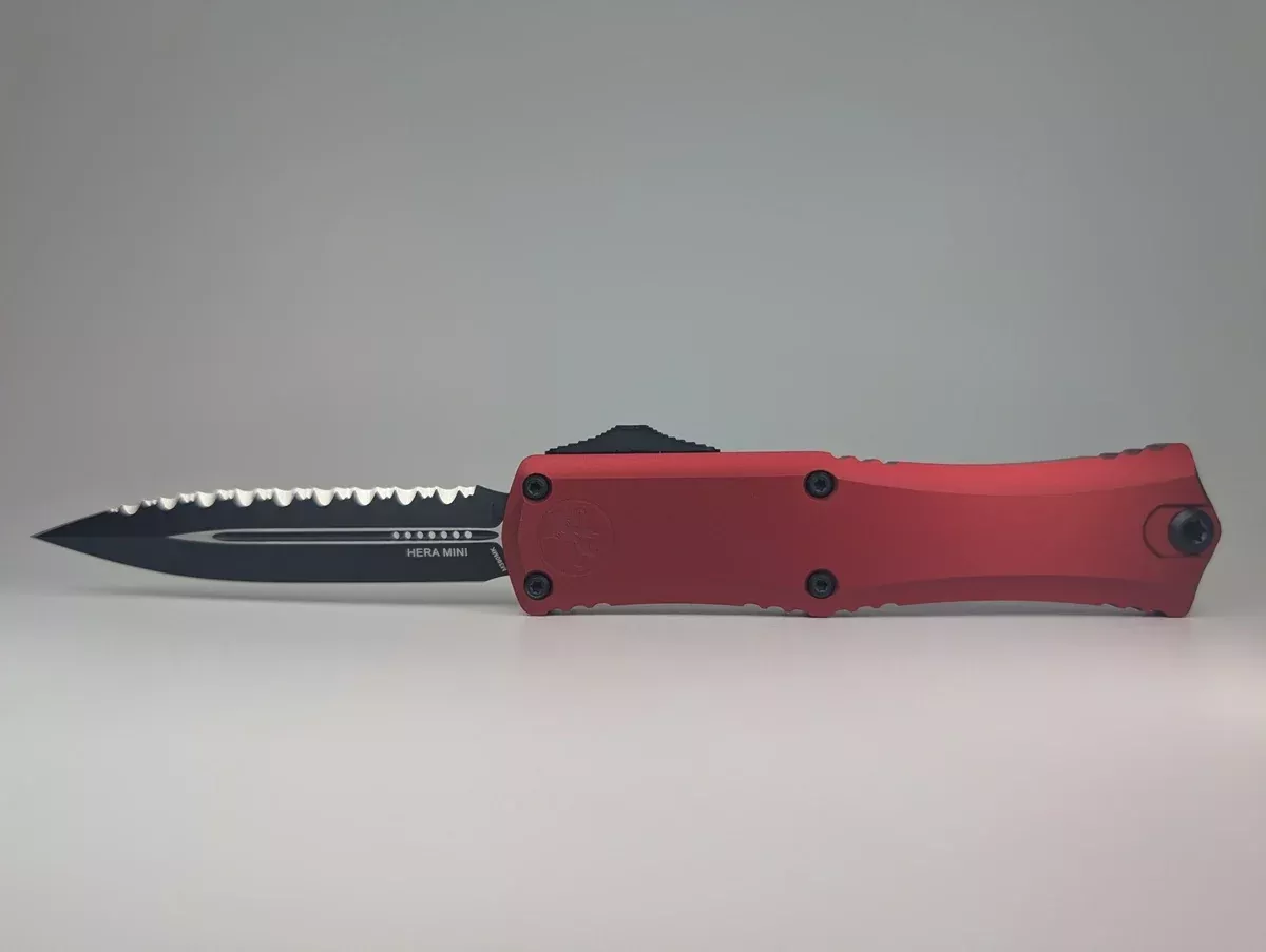 Microtech Hera II Mini Double Edge Red DLC Full Serrated Out the Front Knife