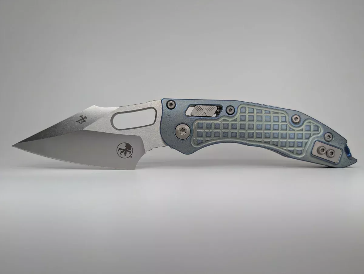 Microtech Stitch RAM-LOK Marfione Select Ice Blue Frag Titanium Double Vapor Blast Folding Knife
