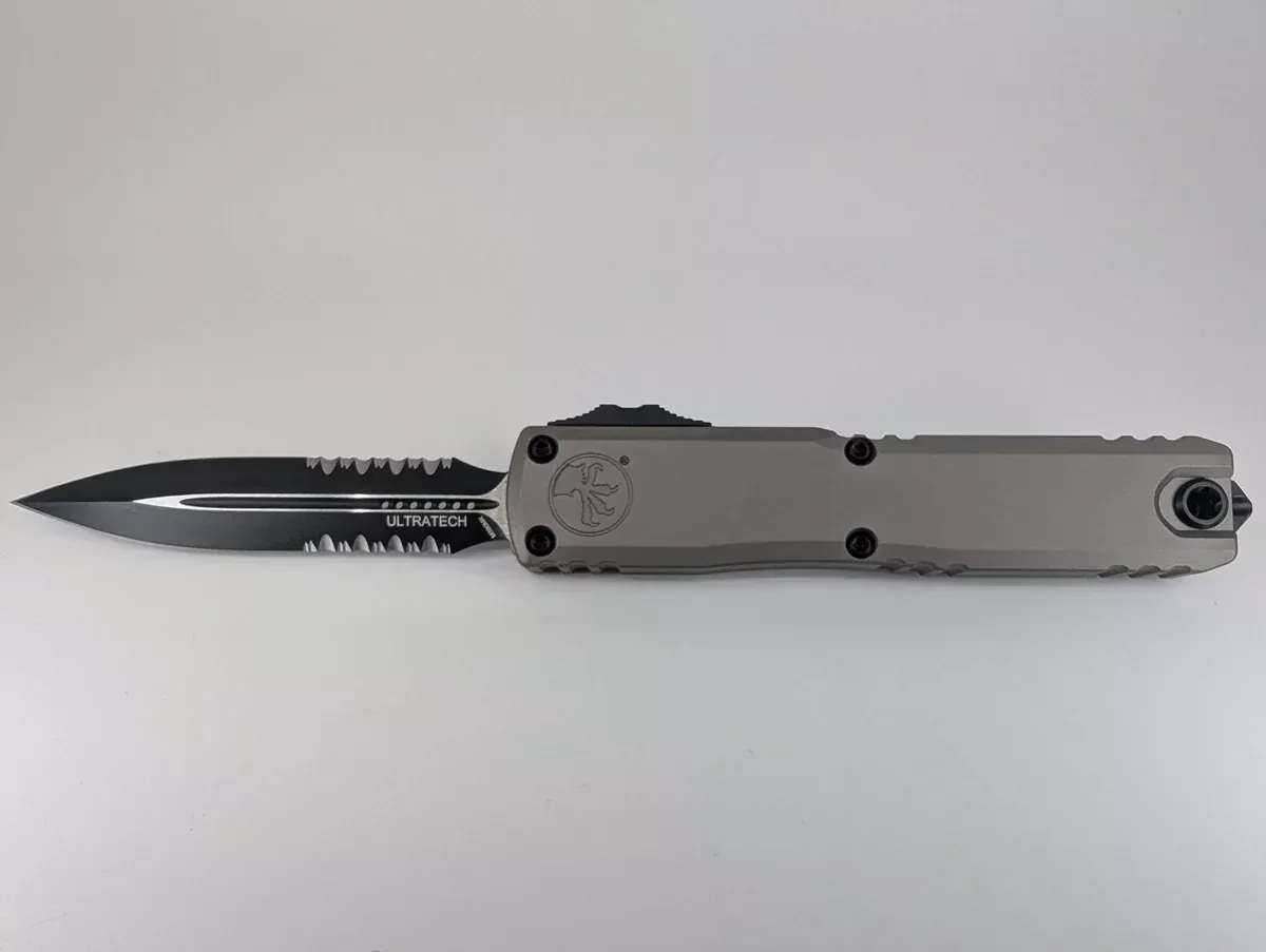 Microtech Ultratech ZBP D/E Natural Clear Partial Serrated Black Blade Out the Front Knife