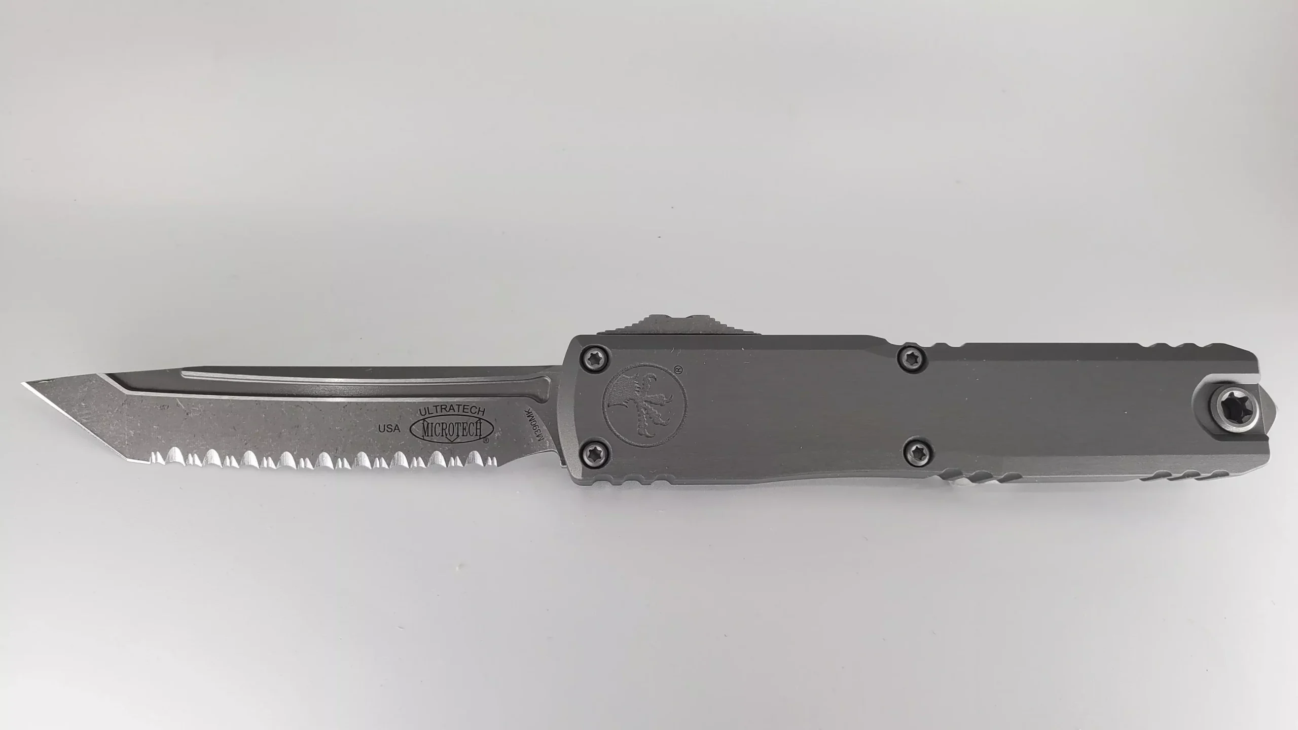 Microtech Ultratech ZBP T/E Natural Clear Apocalyptic Full Serrated Out the Front Knife