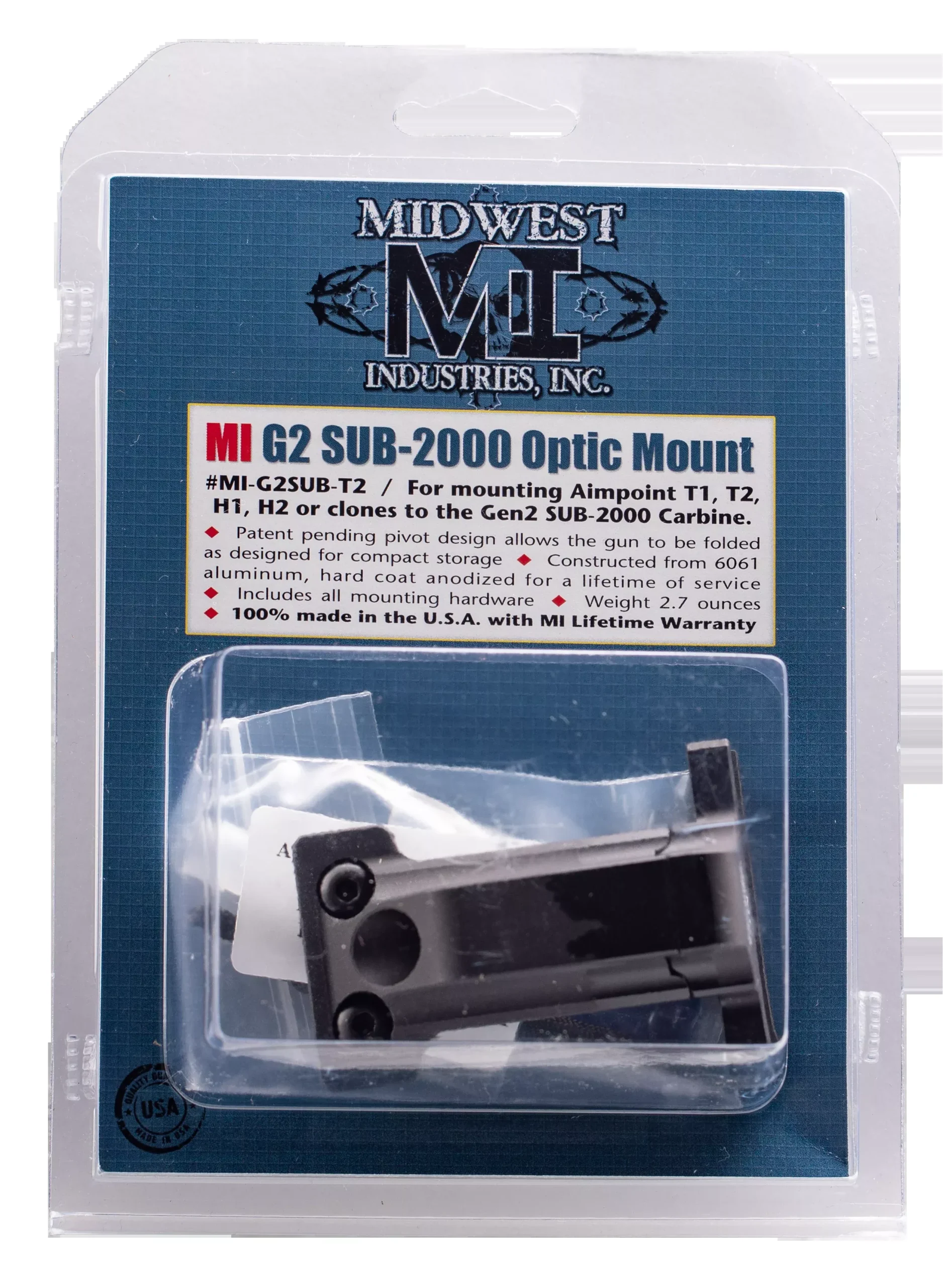 MIDWEST INDUSTRIES INC Gen2 Sub-2000 Mini Optic Mount for Aimpoint T1/T2, 6061 Aluminum, MIG2SUBT2
