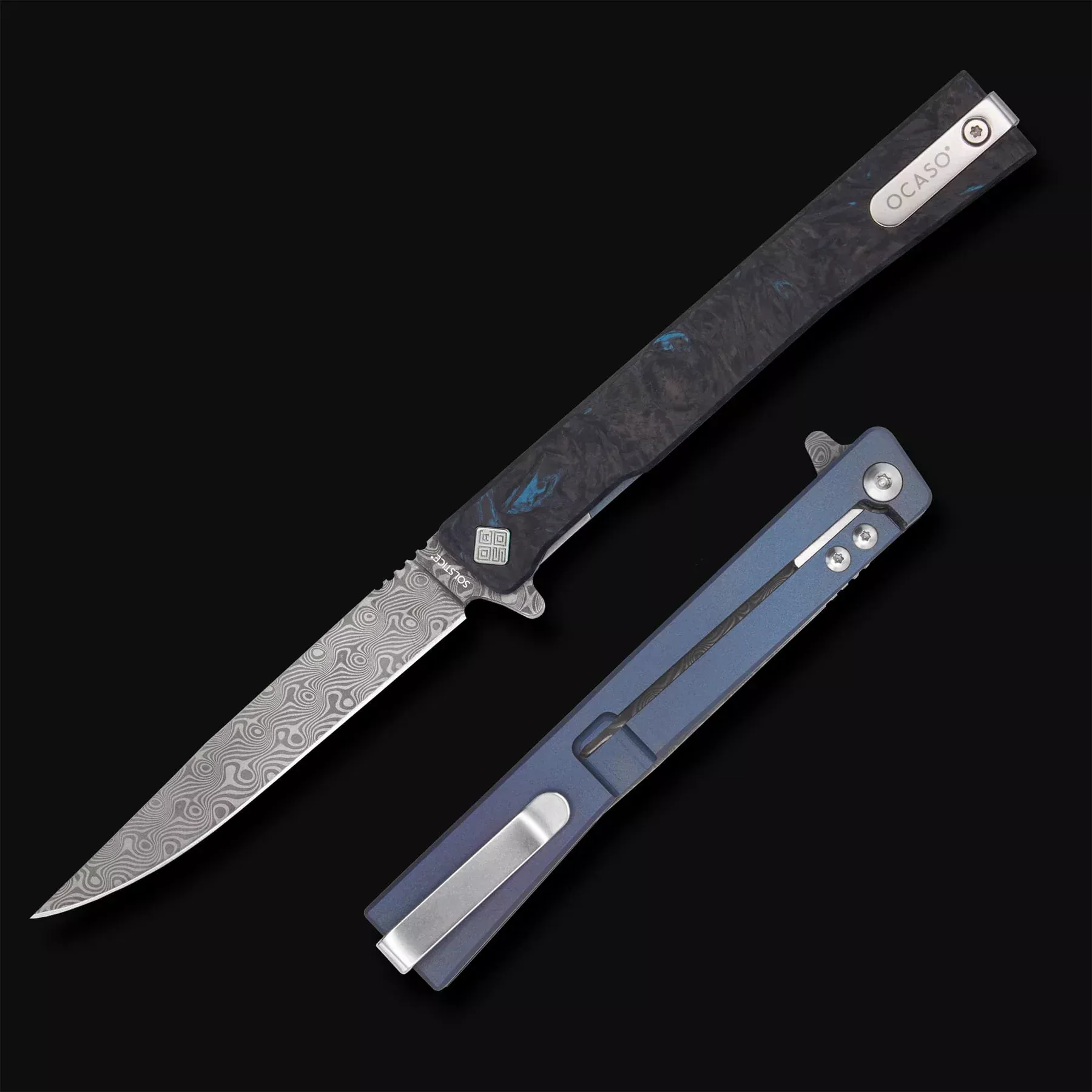 Ocaso Damascus Solstice Dark Matter Blue Framelock Folding Knife