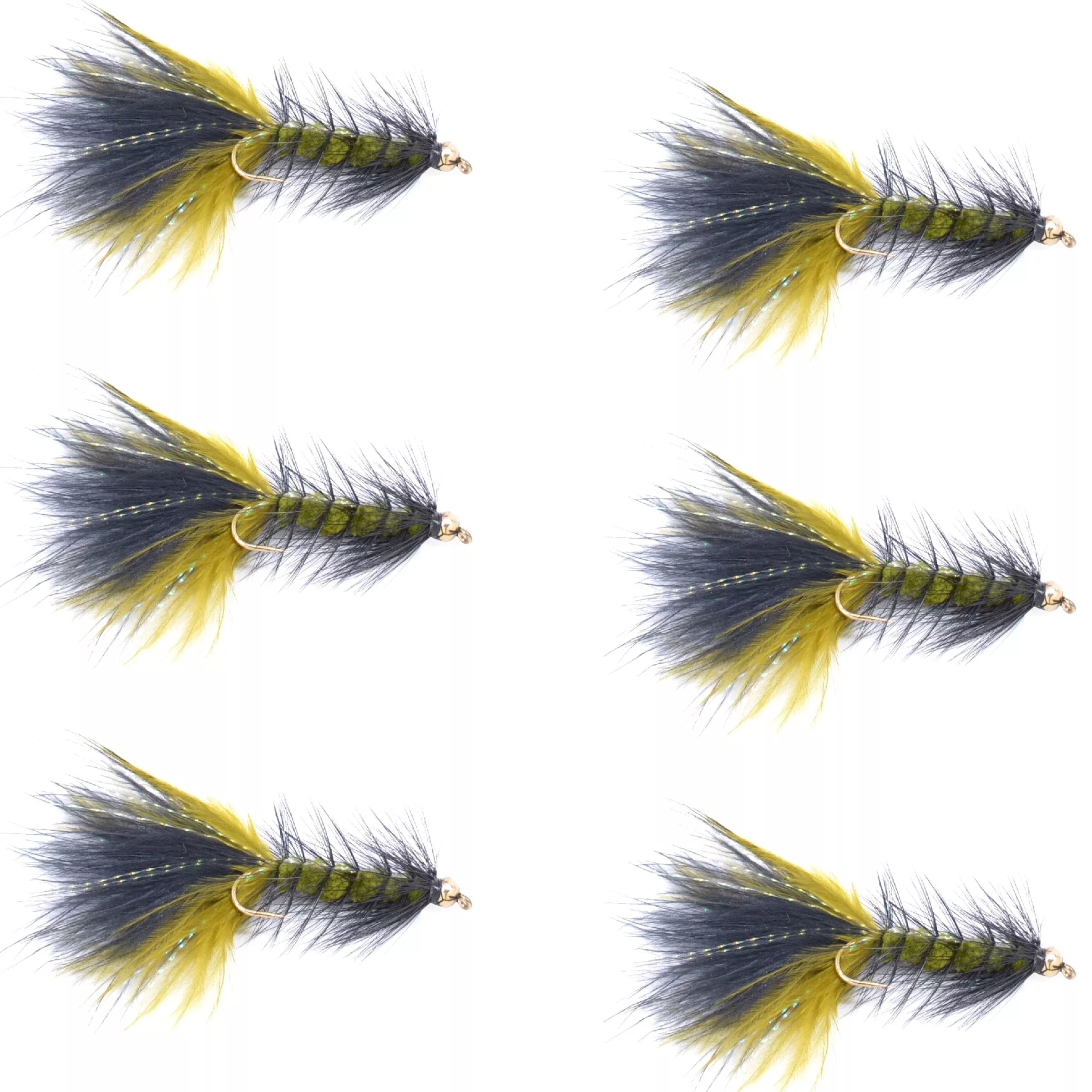 Olive Black Bead Head Crystal Woolly Bugger Classic Streamer Flies – Set of 6 Trout Fly Fishing Flies – Hook Size 4