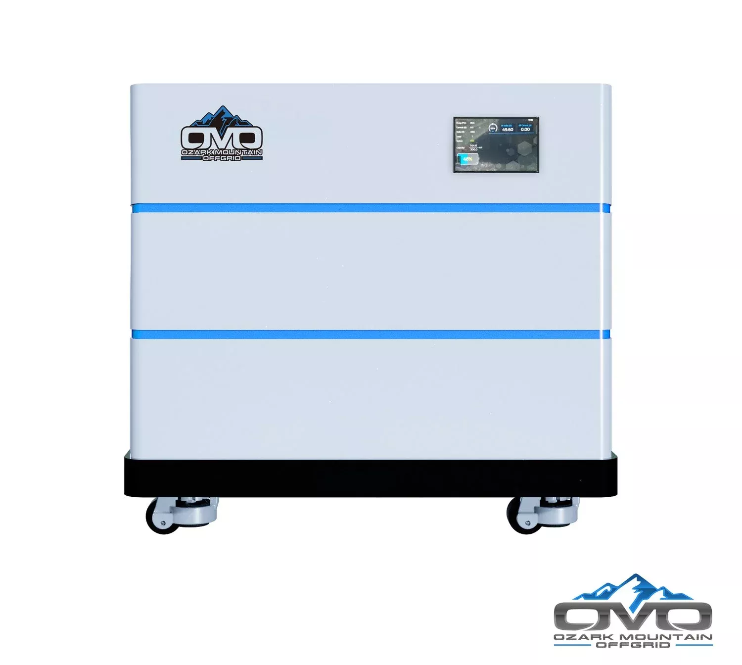 OMO Stackable 51.2V 10.24KW Heated LifePO4 Lithium Battery System – 2x 5.12KW Batteries + LCD Display Combiner + Wheeled Base
