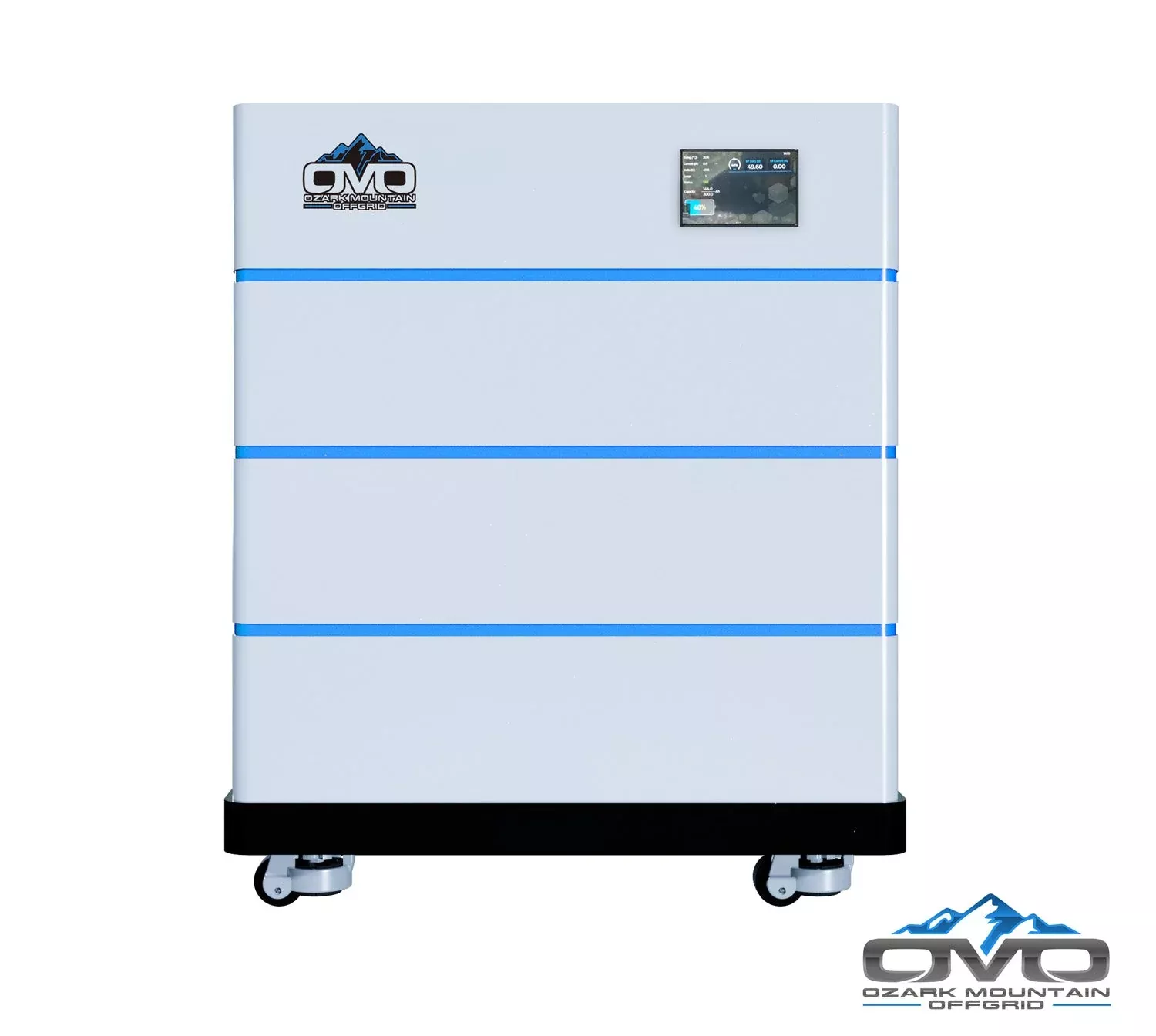 OMO Stackable 51.2V 15.36KW Heated LifePO4 Lithium Battery System – 3x 5.12KW Batteries + LCD Display Combiner + Wheeled Base