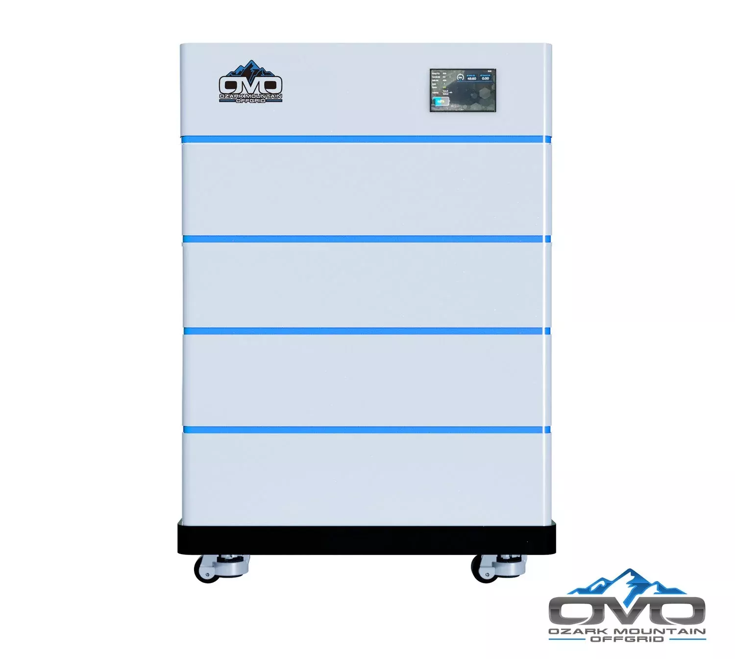 OMO Stackable 51.2V 20.48KW Heated LifePO4 Lithium Battery System – 4x 5.12KW Batteries + LCD Display Combiner + Wheeled Base