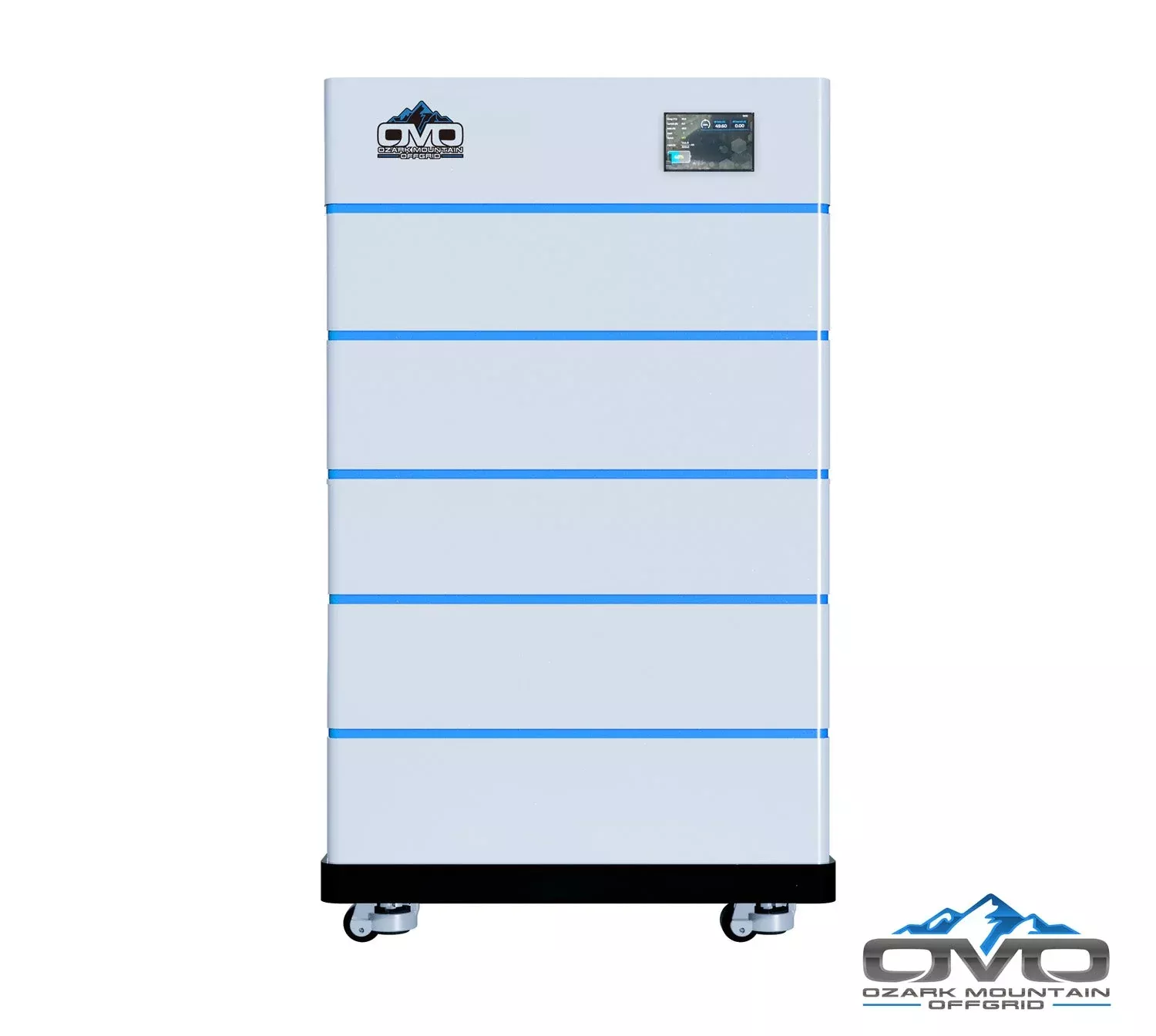 OMO Stackable 51.2V 25.6KW Heated LifePO4 Lithium Battery System – 5x 5.12KW Batteries + LCD Display Combiner + Wheeled Base