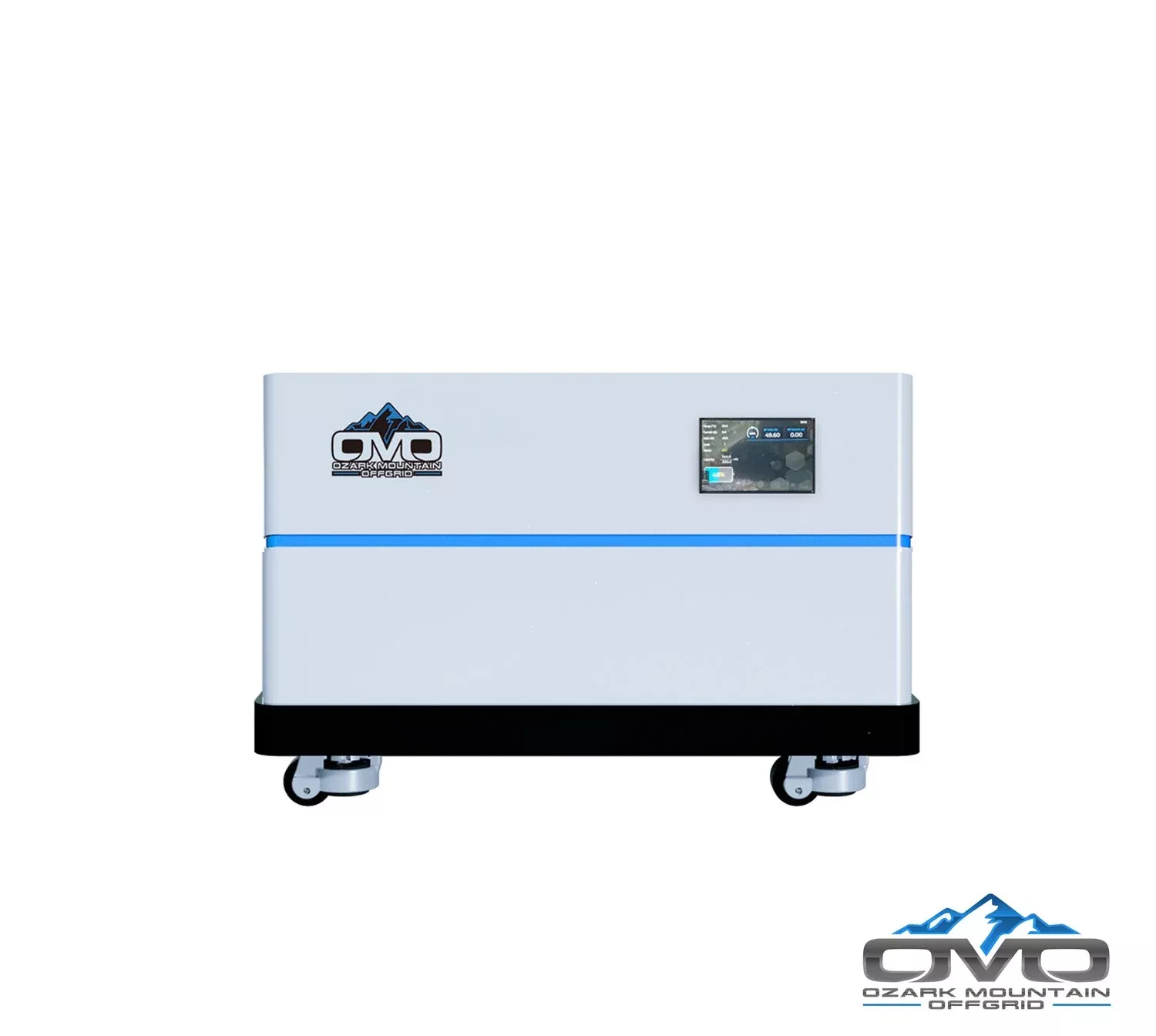 OMO Stackable 51.2V 5.12KW Heated LifePO4 Lithium Battery System – 1x 5.12KW Batteries + LCD Display Combiner + Wheeled Base