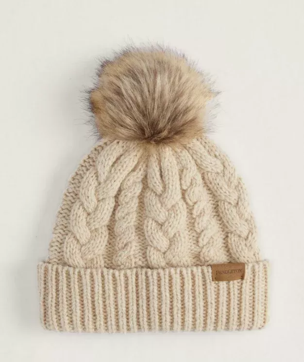 Pendleton Cable Knit Beanie – Premium Wool Blend Winter Hat with Faux Fur Pom