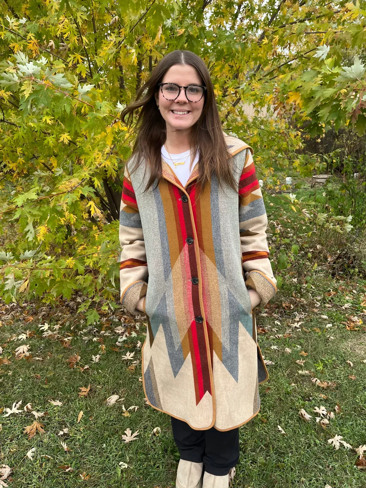 Pendleton Women's Hooded Wyeth Trail Jacquard Coat - Dramatic Length Wool Coat