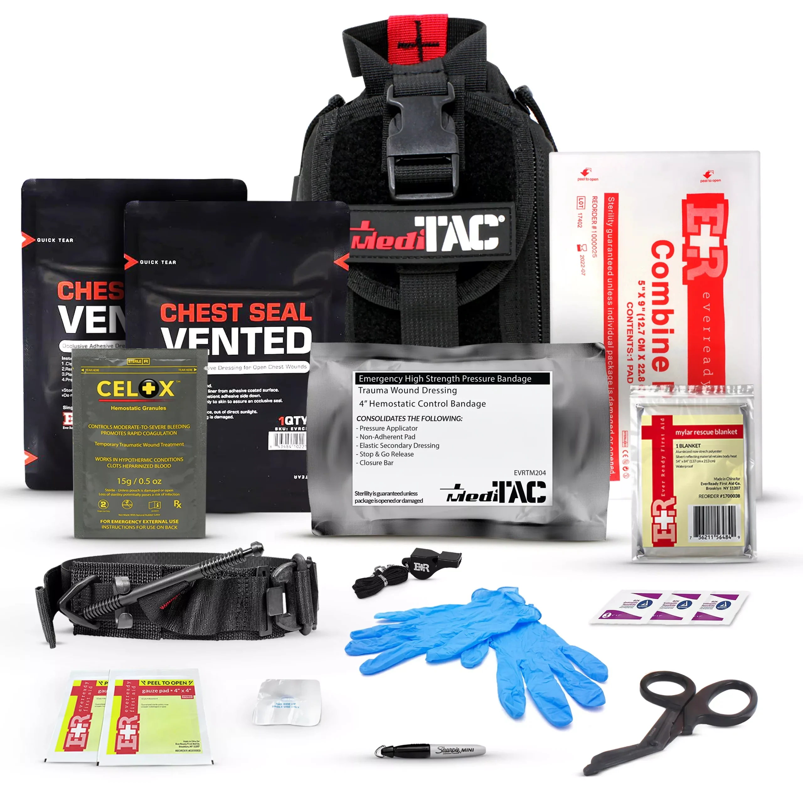 Premium Tactical IFAK Kit w Rip-Away Velcro, SOF Tourniquet & CELOX