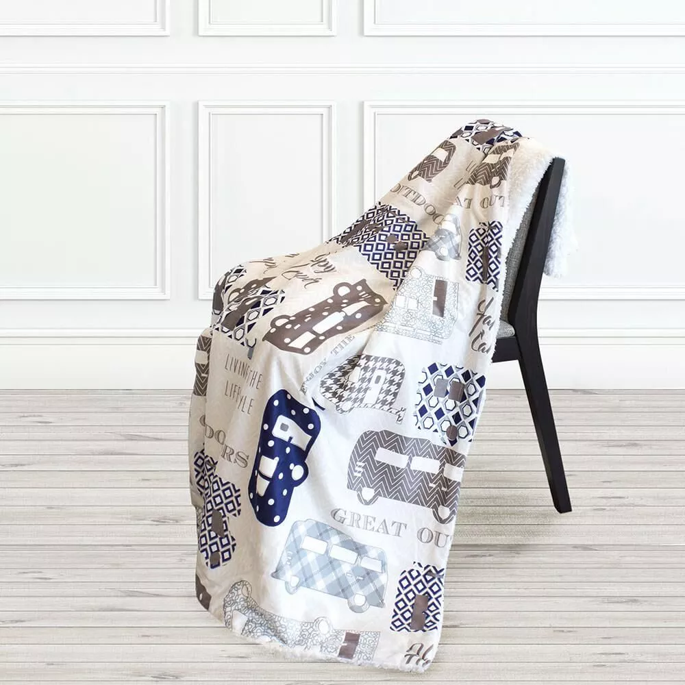 Printed Sherpa Throw, Indigo/Taupe, 50"x60"