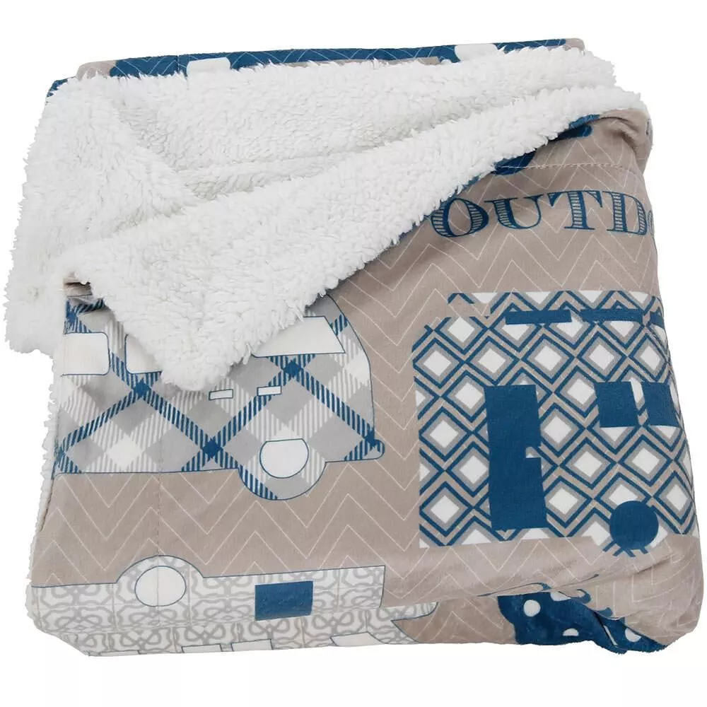 Printed Sherpa Throw, Navy/Gray, 50"x 60"