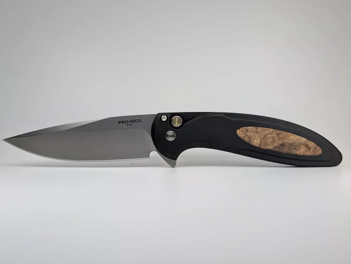 Protech Cambria 2 Maple Burl Magnacut Buttonlock Folding Knife Blade Show West 2025