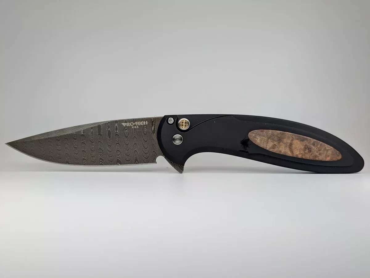 Protech Cambria Custom 5 Button Lock Maple Burl Inlay Chad Nichols Damascus #31/50