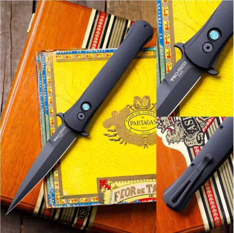 Protech Large Don Black Handle MoP Button DLC 4.5″ Blade Auto Folding Knife