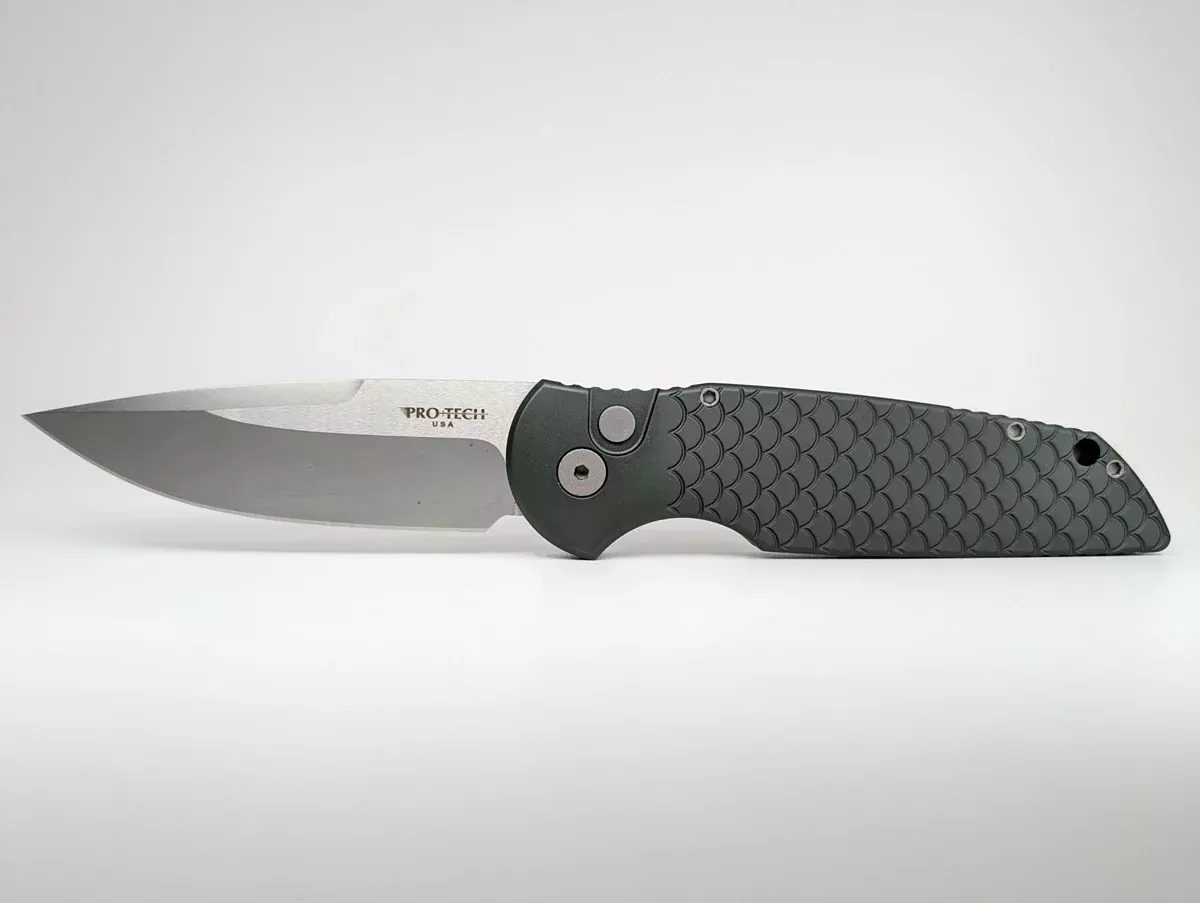 Protech Tactical Response 3 Green Fish Scale Clip Point Stonewash Blade Auto Folding Knife